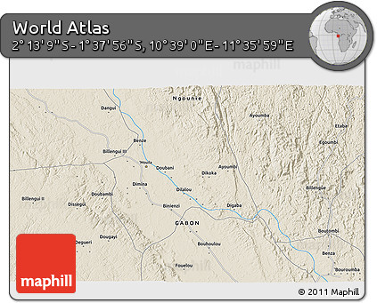 Shaded Relief 3D Map of the Area around 1° 55' 32" S, 11° 7' 30" E