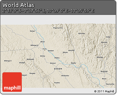 Shaded Relief 3D Map of the Area around 1° 55' 32" S, 11° 7' 30" E