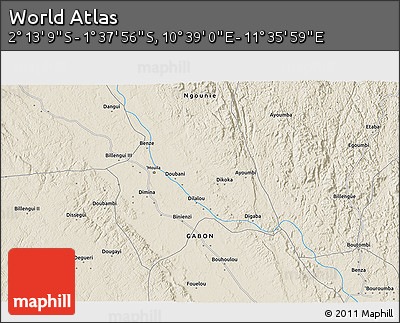 Shaded Relief 3D Map of the Area around 1° 55' 32" S, 11° 7' 30" E