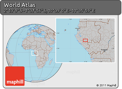 Gray Location Map of the Area around 1° 55' 32" S, 11° 7' 30" E