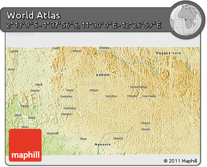 Physical 3D Map of the Area around 1° 55' 32" S, 11° 58' 29" E