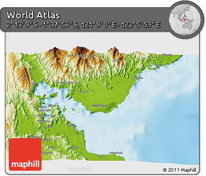Physical 3D Map of the Area around 1° 55' 32" S, 121° 37' 30" E