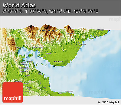 Physical 3D Map of the Area around 1° 55' 32" S, 121° 37' 30" E