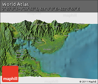 Satellite 3D Map of the Area around 1° 55' 32" S, 121° 37' 30" E