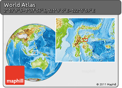 Physical Location Map of the Area around 1° 55' 32" S, 121° 37' 30" E