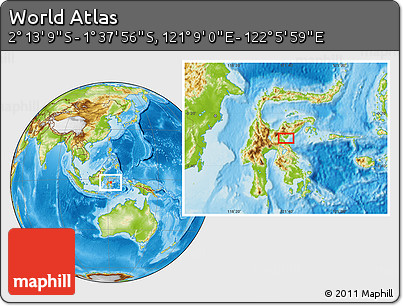 Physical Location Map of the Area around 1° 55' 32" S, 121° 37' 30" E