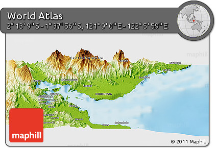 Physical Panoramic Map of the Area around 1° 55' 32" S, 121° 37' 30" E