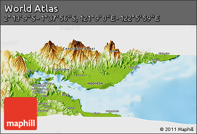 Physical Panoramic Map of the Area around 1° 55' 32" S, 121° 37' 30" E