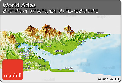 Physical Panoramic Map of the Area around 1° 55' 32" S, 121° 37' 30" E