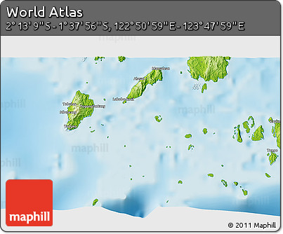 Physical 3D Map of the Area around 1° 55' 32" S, 123° 19' 29" E