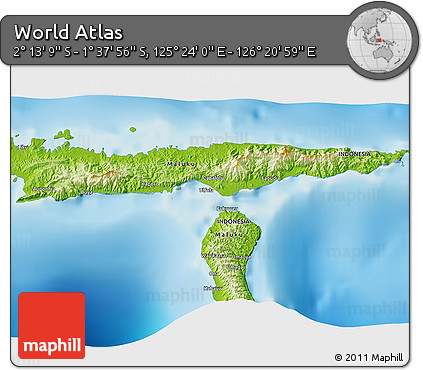Physical 3D Map of the Area around 1° 55' 32" S, 125° 52' 30" E
