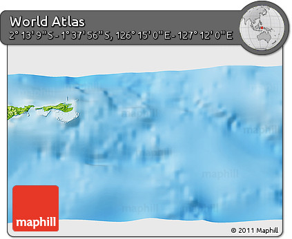 Physical 3D Map of the Area around 1° 55' 32" S, 126° 43' 29" E