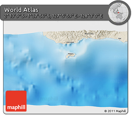 Shaded Relief 3D Map of the Area around 1° 55' 32" S, 127° 34' 30" E