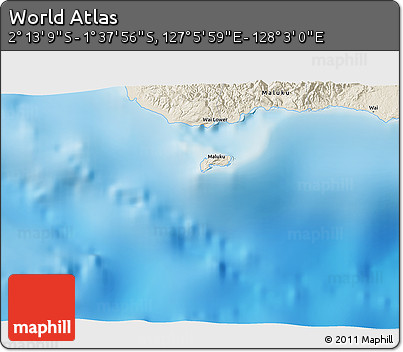 Shaded Relief 3D Map of the Area around 1° 55' 32" S, 127° 34' 30" E