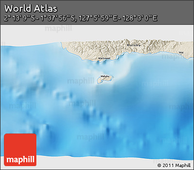 Shaded Relief 3D Map of the Area around 1° 55' 32" S, 127° 34' 30" E