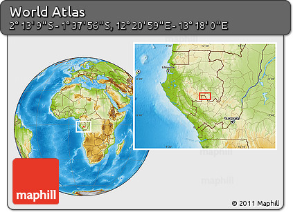 Physical Location Map of the Area around 1° 55' 32" S, 12° 49' 29" E
