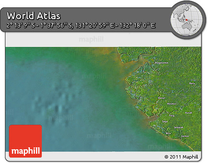 Satellite 3D Map of the Area around 1° 55' 32" S, 131° 49' 29" E