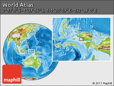 Physical Location Map of the Area around 1° 55' 32" S, 131° 49' 29" E