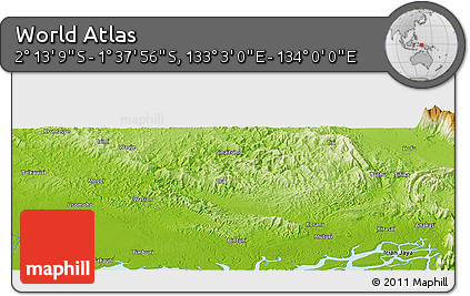Physical Panoramic Map of the Area around 1° 55' 32" S, 133° 31' 30" E