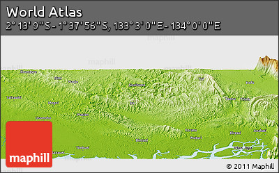 Physical Panoramic Map of the Area around 1° 55' 32" S, 133° 31' 30" E