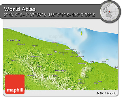 Physical 3D Map of the Area around 1° 55' 32" S, 138° 37' 30" E