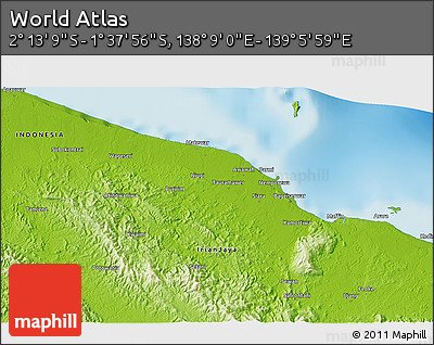 Physical 3D Map of the Area around 1° 55' 32" S, 138° 37' 30" E
