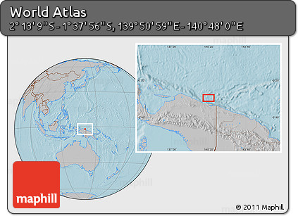 Gray Location Map of the Area around 1° 55' 32" S, 140° 19' 29" E, hill shading