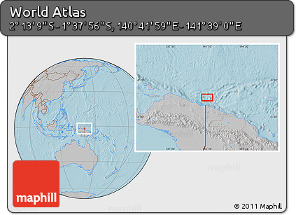 Gray Location Map of the Area around 1° 55' 32" S, 141° 10' 30" E, hill shading
