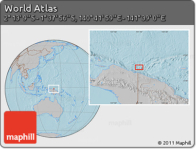 Gray Location Map of the Area around 1° 55' 32" S, 141° 10' 30" E, hill shading