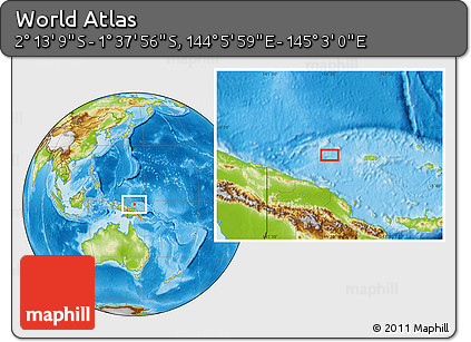 Physical Location Map of the Area around 1° 55' 32" S, 144° 34' 29" E