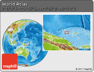 Physical Location Map of the Area around 1° 55' 32" S, 144° 34' 29" E