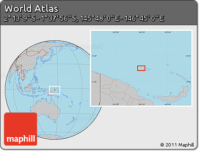 Gray Location Map of the Area around 1° 55' 32" S, 146° 16' 30" E