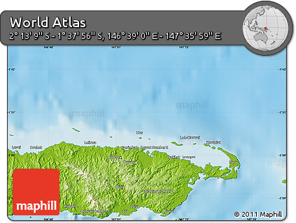 Physical Map of the Area around 1° 55' 32" S, 147° 7' 30" E