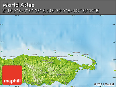 Physical Map of the Area around 1° 55' 32" S, 147° 7' 30" E