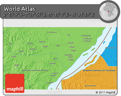 Political 3D Map of the Area around 1° 55' 32" S, 16° 13' 30" E