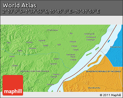 Political 3D Map of the Area around 1° 55' 32" S, 16° 13' 30" E