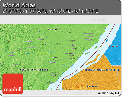 Political 3D Map of the Area around 1° 55' 32" S, 16° 13' 30" E
