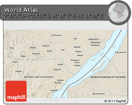 Shaded Relief 3D Map of the Area around 1° 55' 32" S, 16° 13' 30" E