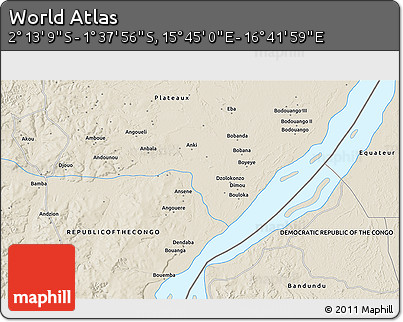 Shaded Relief 3D Map of the Area around 1° 55' 32" S, 16° 13' 30" E