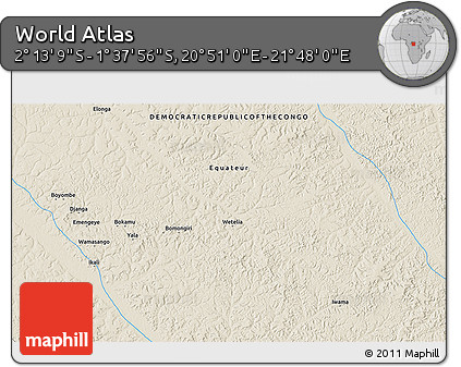 Shaded Relief 3D Map of the Area around 1° 55' 32" S, 21° 19' 30" E