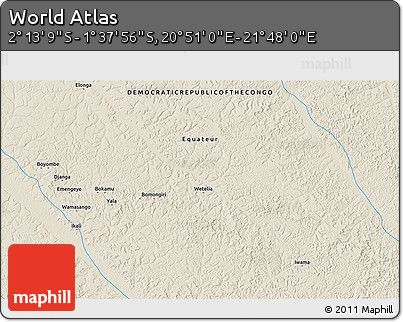 Shaded Relief 3D Map of the Area around 1° 55' 32" S, 21° 19' 30" E