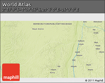 Physical 3D Map of the Area around 1° 55' 32" S, 25° 34' 30" E