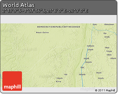 Physical 3D Map of the Area around 1° 55' 32" S, 25° 34' 30" E