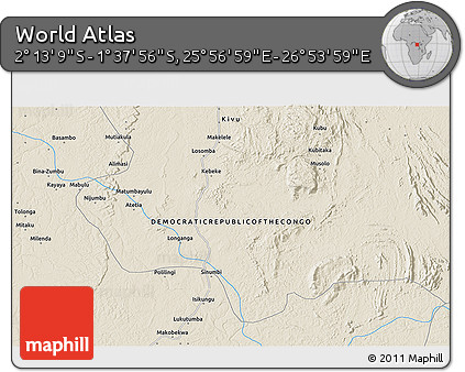 Shaded Relief 3D Map of the Area around 1° 55' 32" S, 26° 25' 29" E