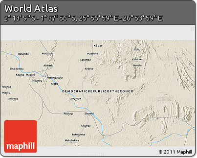 Shaded Relief 3D Map of the Area around 1° 55' 32" S, 26° 25' 29" E