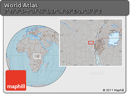 Gray Location Map of the Area around 1° 55' 32" S, 28° 7' 30" E, hill shading