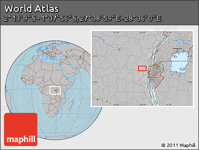 Gray Location Map of the Area around 1° 55' 32" S, 28° 7' 30" E, hill shading