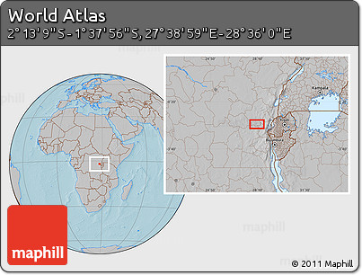 Gray Location Map of the Area around 1° 55' 32" S, 28° 7' 30" E, hill shading