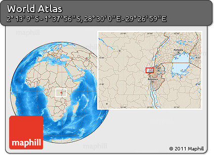 Shaded Relief Location Map of the Area around 1° 55' 32" S, 28° 58' 30" E