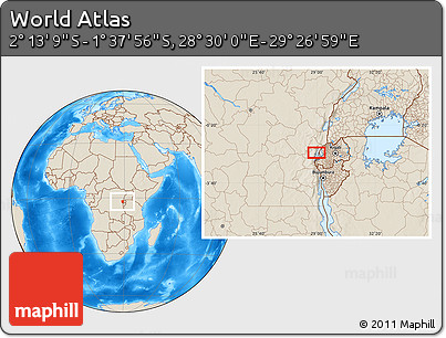 Shaded Relief Location Map of the Area around 1° 55' 32" S, 28° 58' 30" E
